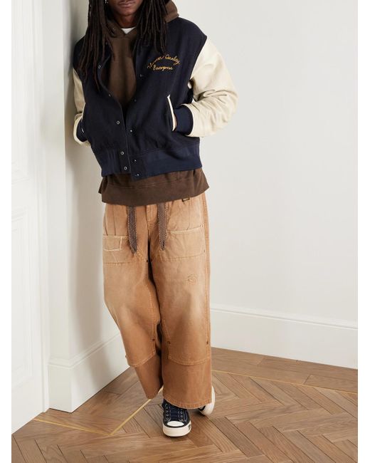 Visvim Blue Embroidered Wool And Linen-Blend Twill And Full-Grain Leather Varsity Jacket for men