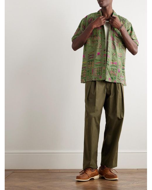 Monitaly Green 50's Milano Camp-collar Embroidered Cotton Shirt for men