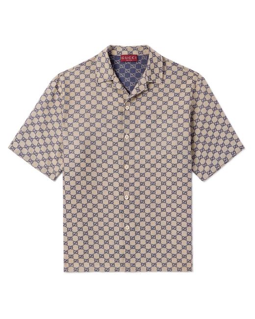 Gucci Gray Camp-collar Logo-jacquard Linen-blend Shirt for men