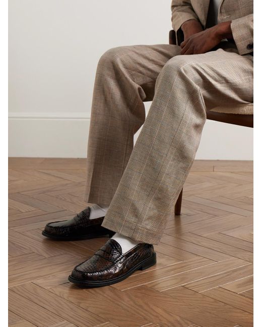 VINNY'S Brown Yardee Python-Effect Leather Penny Loafers for men