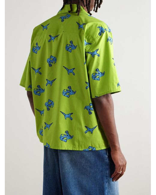 Marni Green Convertible-Collar Printed Cotton Shirt for men