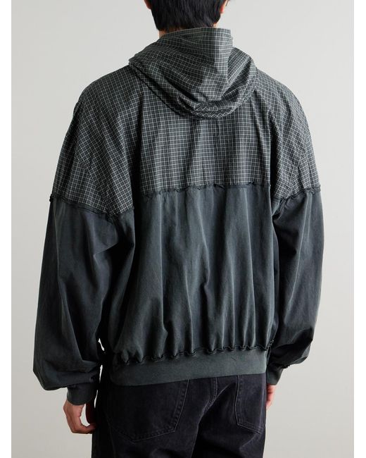 Balenciaga Black Distressed Logo-Print Checked Cotton-Twill And Jersey Hooded Jacket for men
