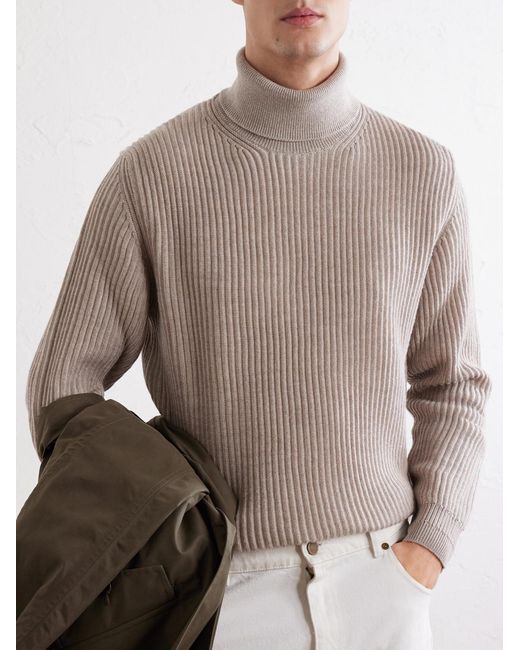 Slowear Natural Ribbed Virgin Wool Rollneck Sweater for men