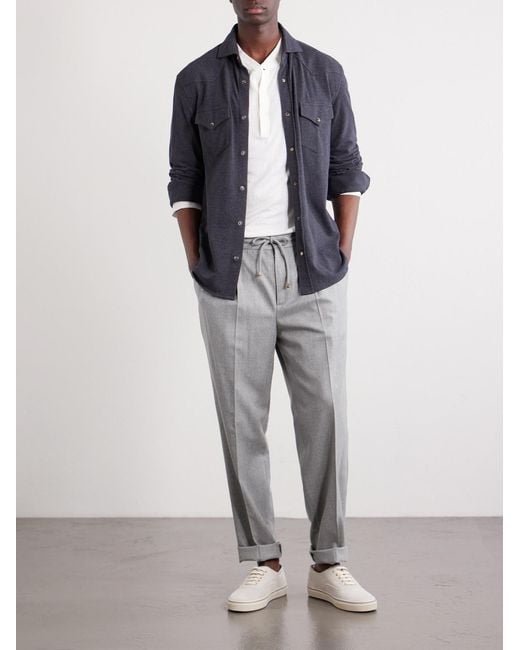 Brunello Cucinelli Gray Tapered Pleated Virgin Wool-Flannel Drawstring Trousers for men
