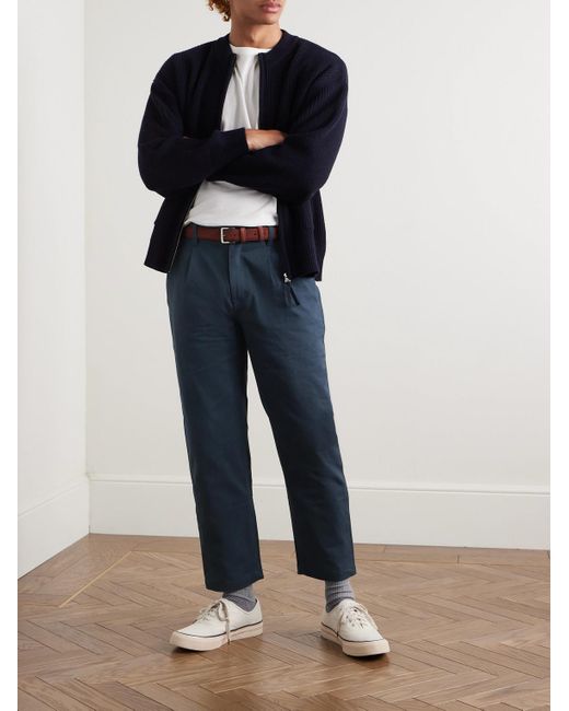 FRIZMWORKS Blue Haworth Tapered Cropped Pleated Cotton-Twill Trousers for men