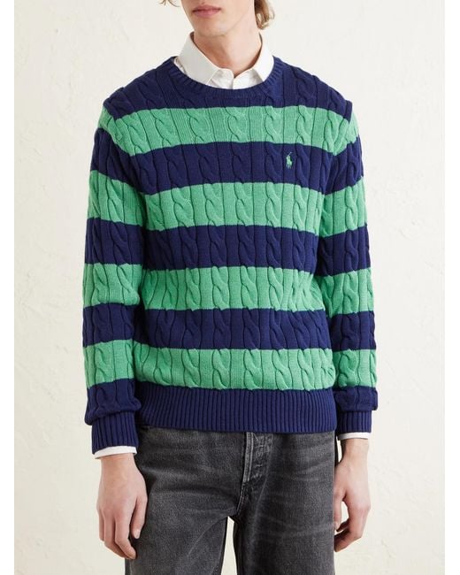 Polo Ralph Lauren Green Logo-Embroidered Striped Cable-Knit Cotton Sweater for men