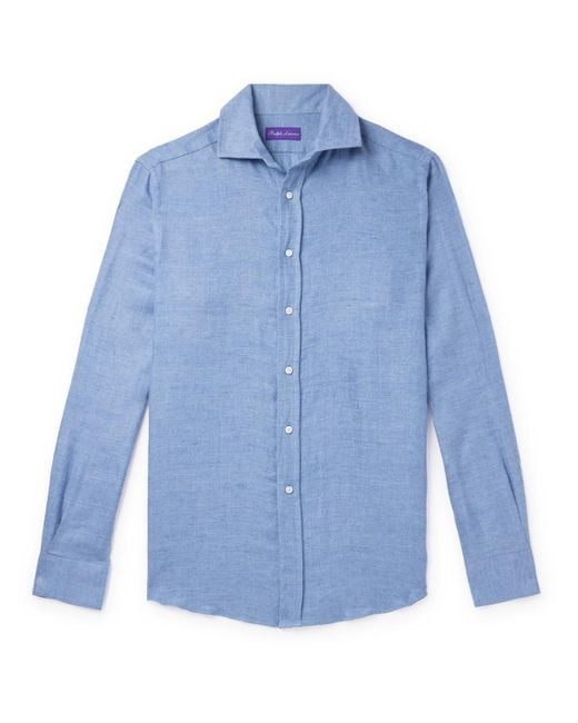 Ralph Lauren Purple Label Blue Cutaway-collar Brushed Linen Shirt for men