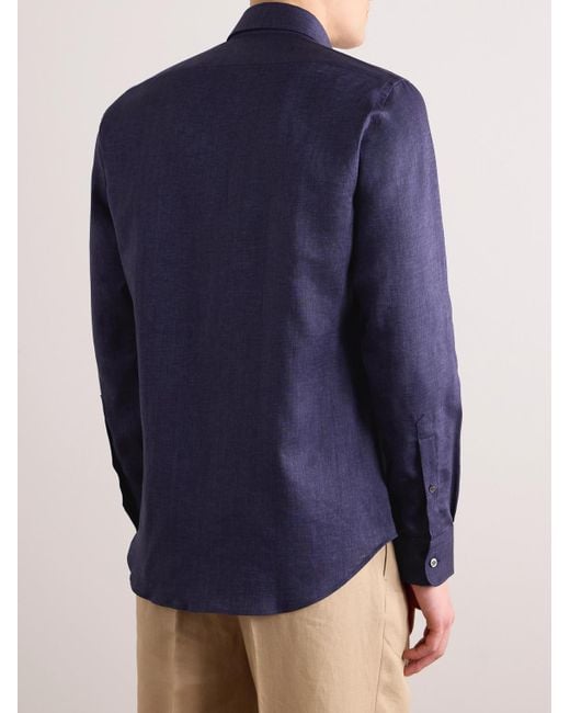 Camicia in chambray di lino con collo alla francese di Thom Sweeney in Blue da Uomo