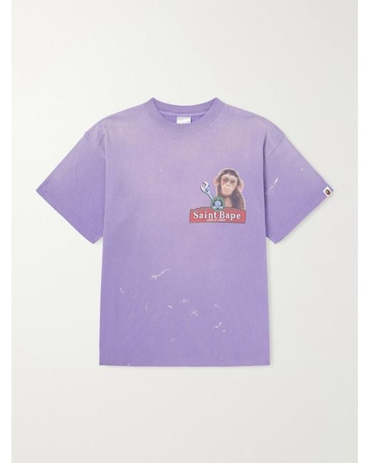 SAINT Mxxxxxx Purple Bape House Paint-Splattered Printed Cotton-Jersey T-Shirt for men