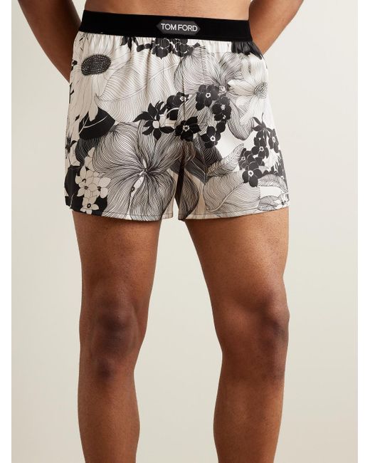 Tom Ford White Floral-print Velvet-trimmed Stretch-silk Satin Boxer Shorts for men