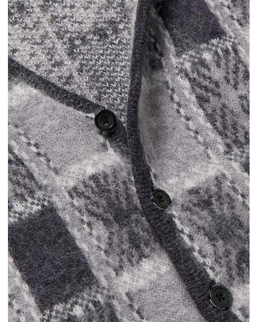 Beams Plus Gray Brushed Checked Jacquard Cardigan for men