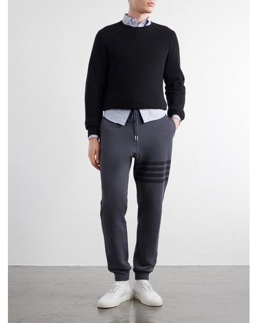 Thom Browne Blue Tapered 4-Bar Detailed Cotton-Jersey Drawstring Sweatpants for men