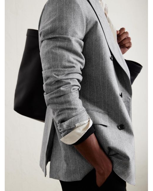 Kaptain Sunshine Gray Double-Breasted Pinstriped Wool Suit Jacket for men