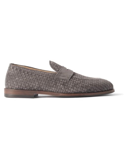 Brunello Cucinelli Gray Woven Suede Penny Loafers for men
