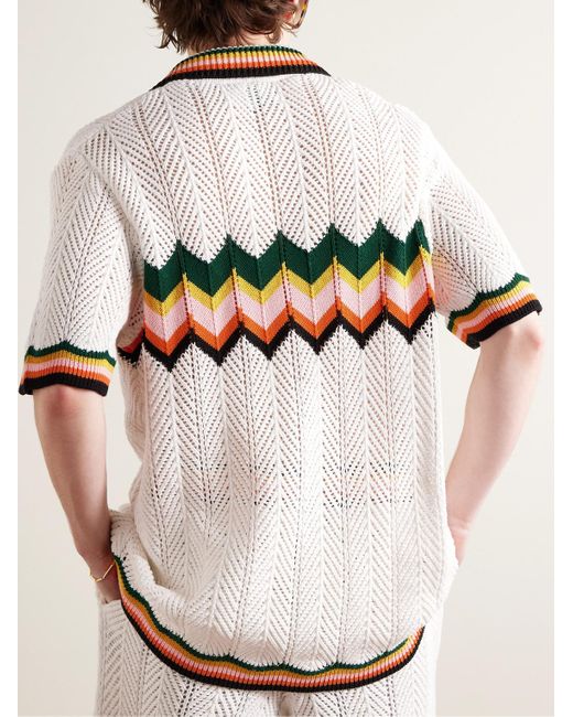 Casablancabrand Natural Camp-collar Logo-appliquéd Striped Crocheted Cotton Shirt for men