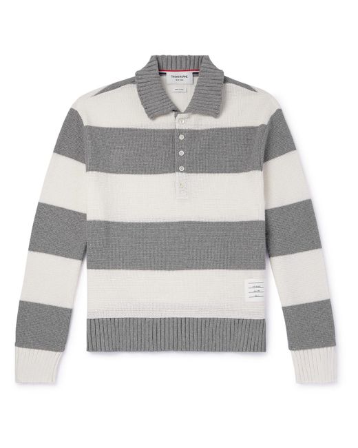 Thom Browne Gray Logo-appliquéd Striped Waffle-knit Cotton Polo Shirt for men