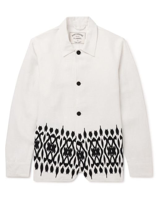 Portuguese Flannel White Labura Embroidered Linen Chore Jacket for men