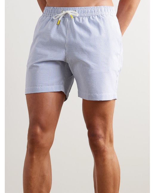 Hartford Blue Straight-leg Mid-length Striped Seersucker Swim Shorts for men