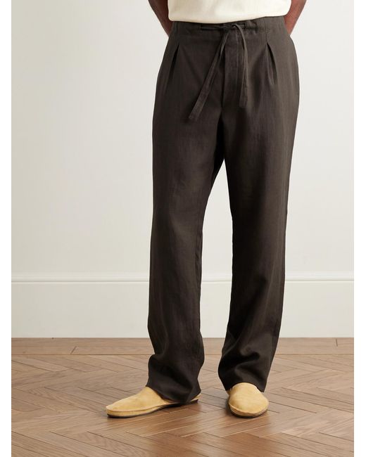 STÒFFA Brown Straight-Leg Pleated Linen Drawstring Trousers for men