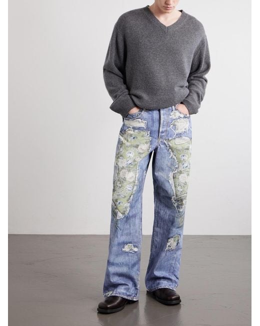 Acne Blue Wide-Leg And Rose-Printed Cotton Jeans for men
