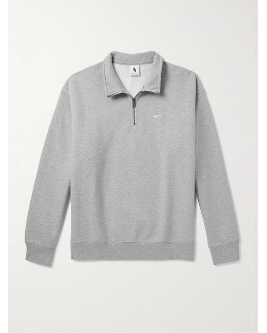 Nike Gray Solo Swoosh Logo-embroidered Cotton-blend Jersey Half-zip Sweatshirt for men