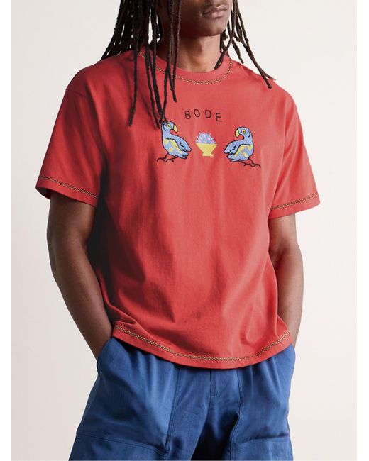 Bode Twin Parakeet T-Shirt aus Baumwoll-Jersey mit Logostickerei in Red für Herren