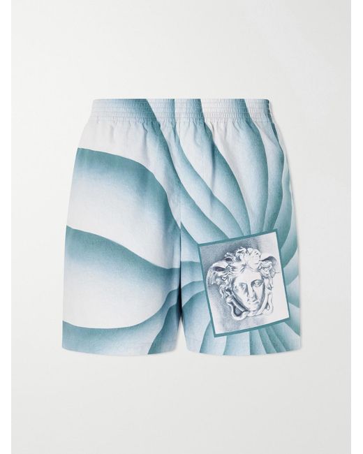 Versace Blue Wide-Leg Printed Cotton-Poplin Shorts for men