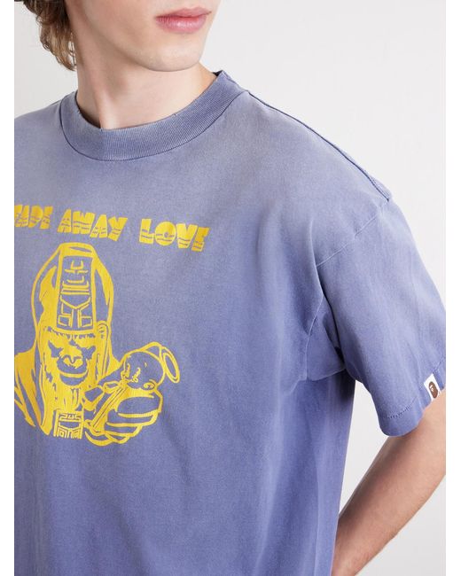 SAINT Mxxxxxx Blue Bape Distressed Printed Cotton-Jersey T-Shirt for men