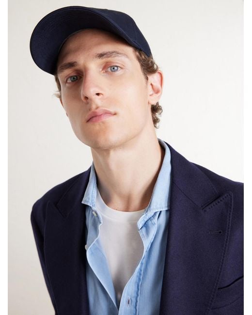 Brunello Cucinelli Blue Logo-Embroidered Leather-Trimmed Cotton-Twill Baseball Cap for men