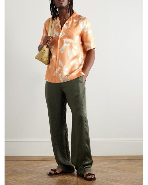 Dries Van Noten Orange Camp-Collar Floral-Print Silk-Twill Shirt for men