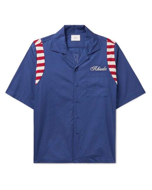 Rhude Blue American Spirit Camp-collar Crochet-trimmed Logo-print Cotton-poplin Shirt for men