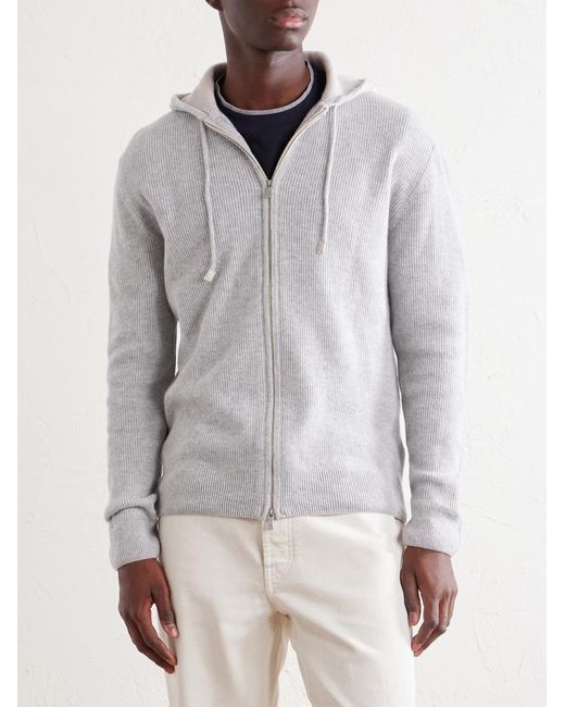 Eleventy Gray Ribbed Cashmere Zip-Up Hoodie for men