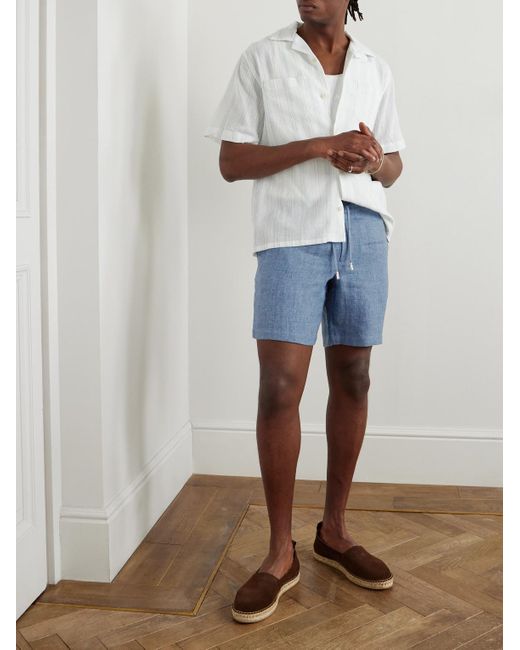 Mr P. Blue Straight-leg Linen-chambray Drawstring Shorts for men