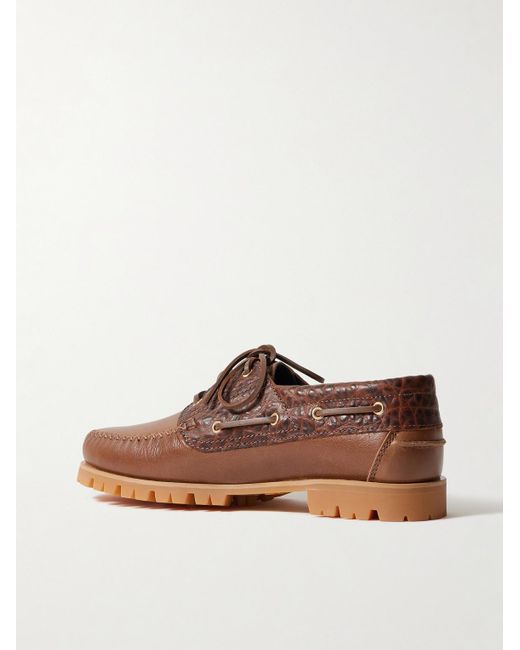 VINNY'S Brown Aztec Leather Boat Shoes for men