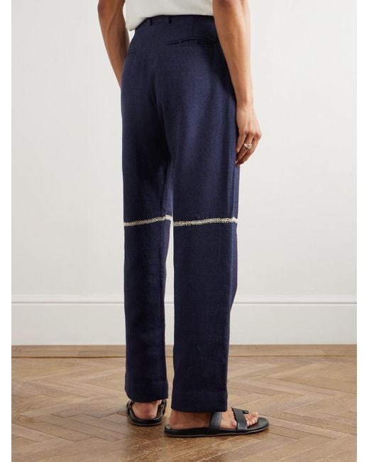 Kartik Research Blue Rabari Straight-Leg Embroidered Textured-Wool Trousers for men
