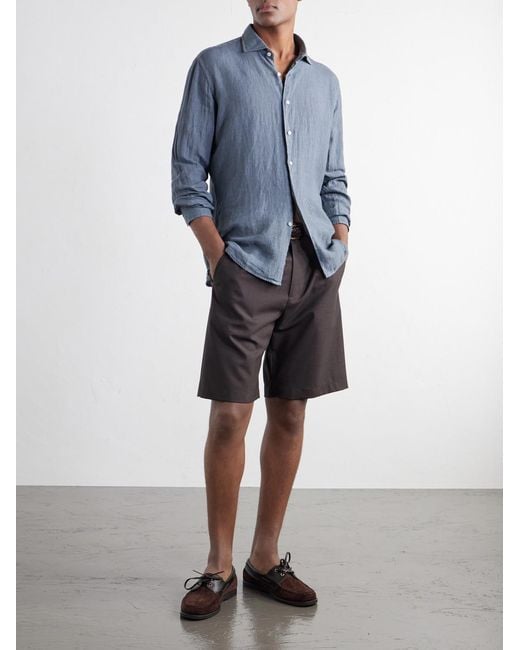 Fedeli Blue Nick Slim-Fit Cutaway-Collar Linen Shirt for men