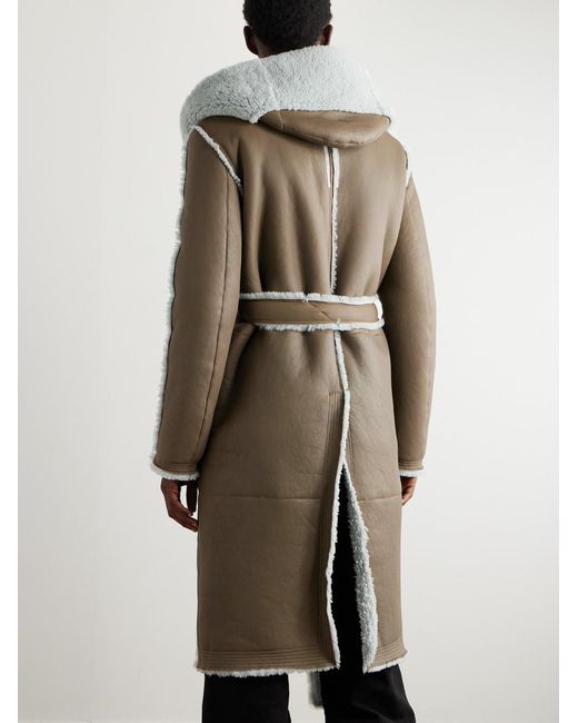 Rick Owens Gray Belted Shearling Hooded Coat for men