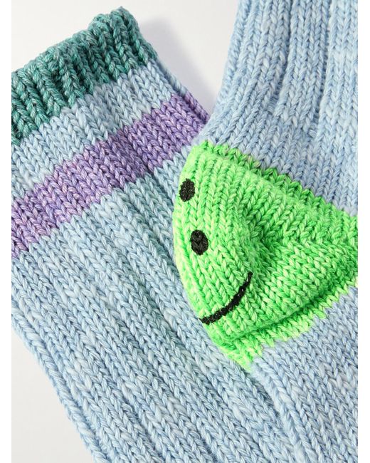 Kapital Blue Happy Heels Striped Ribbed Cotton-Blend Socks for men