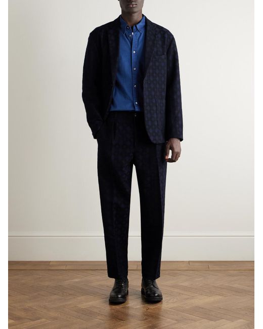 Blue Blue Japan Blue Straight-Leg Pleated Cotton And Wool-Blend Jacquard Suit Trousers for men