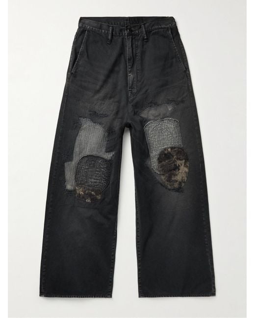 Pantaloni a gamba larga in twill di cotone patchwork effetto consumato Katsuragi Port di Kapital in Black da Uomo