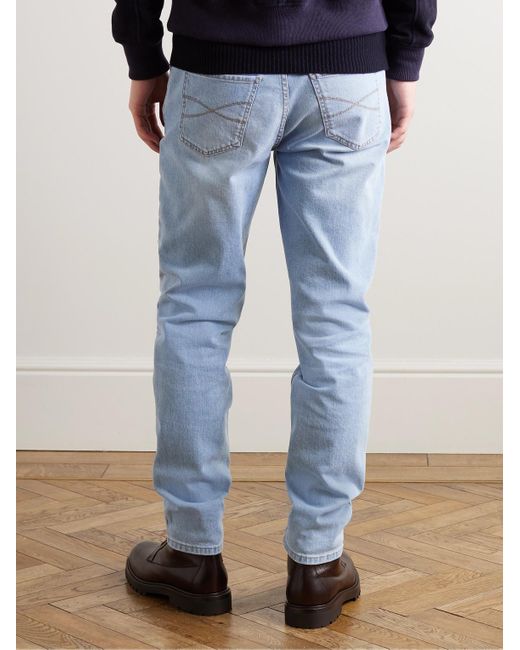 Jeans slim-fit a gamba dritta con logo ricamato di Brunello Cucinelli in Blue da Uomo