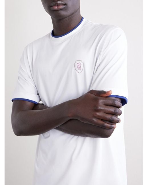 Brunello Cucinelli White Logo-Appliquéd Tech-Jersey Tennis Shirt for men