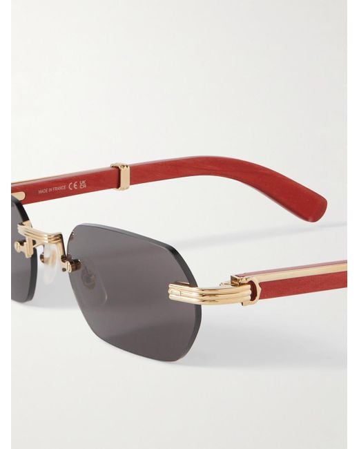 Cartier Red Rectangular-frame Gold-tone And Wood Sunglasses for men