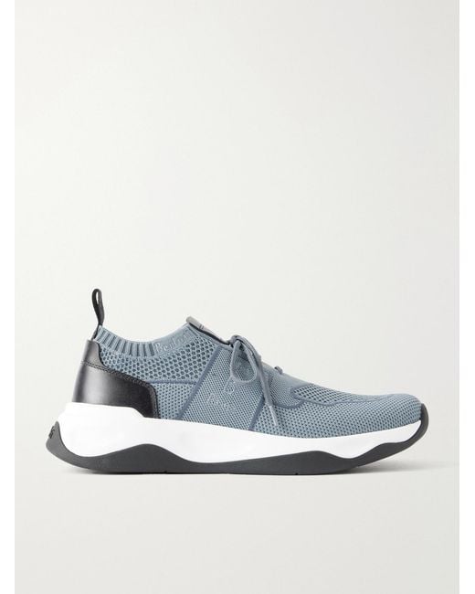 Berluti Blue Shadow Leather-Trimmed Stretch-Knit Sneakers for men