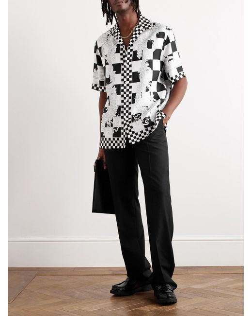 Camicia in twill di seta stampato a quadri con colletto aperto di Versace in White da Uomo