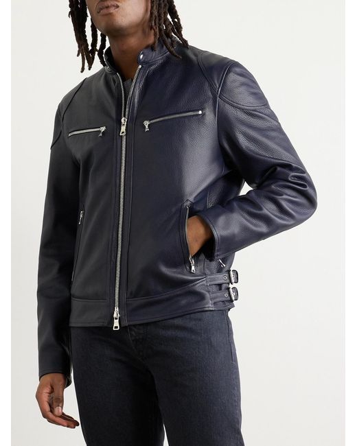 Mr P. Blue Slim-Fit Full-Grain Leather Jacket for men