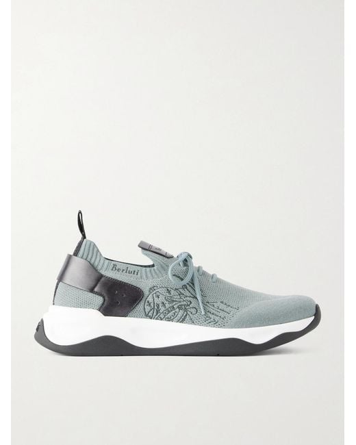 Berluti Green Shadow Leather-Trimmed Stretch-Knit Sneakers for men