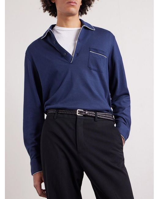 Tom Ford Blue Piped Silk And Cotton-Blend Piqué Polo Shirt for men