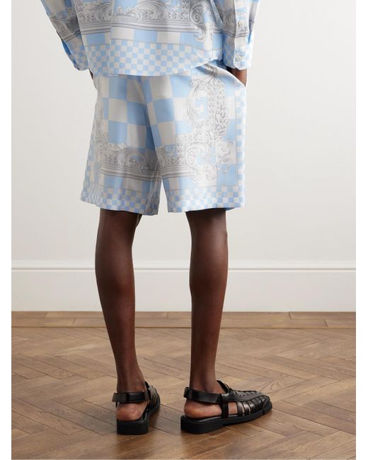 Versace Blue Straight-leg Printed Silk-twill Shorts for men