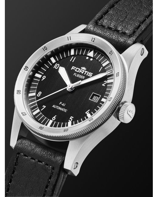 Fortis Black Flieger F-41 Automatic Gmt 41mm Recycled Stainless Steel And Leather Watch for men